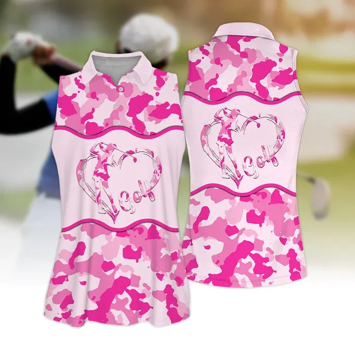 3D All Over Print Heart Shirt, Pink Golf Camouflage Pattern Sleeveless Polo Shirt