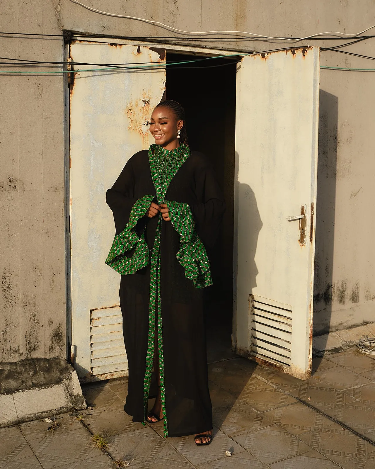 Amahle Black & Green Set:  Shirred Bodysuit   Flared Shorts   Kimono