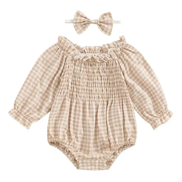 Baby Girls Farm Western Layette Onesie Romper with Bow Plaid