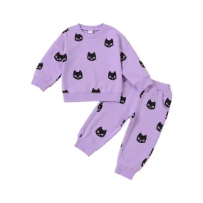 Baby Girls Halloween Purple Black Cat Loungewear Outfit