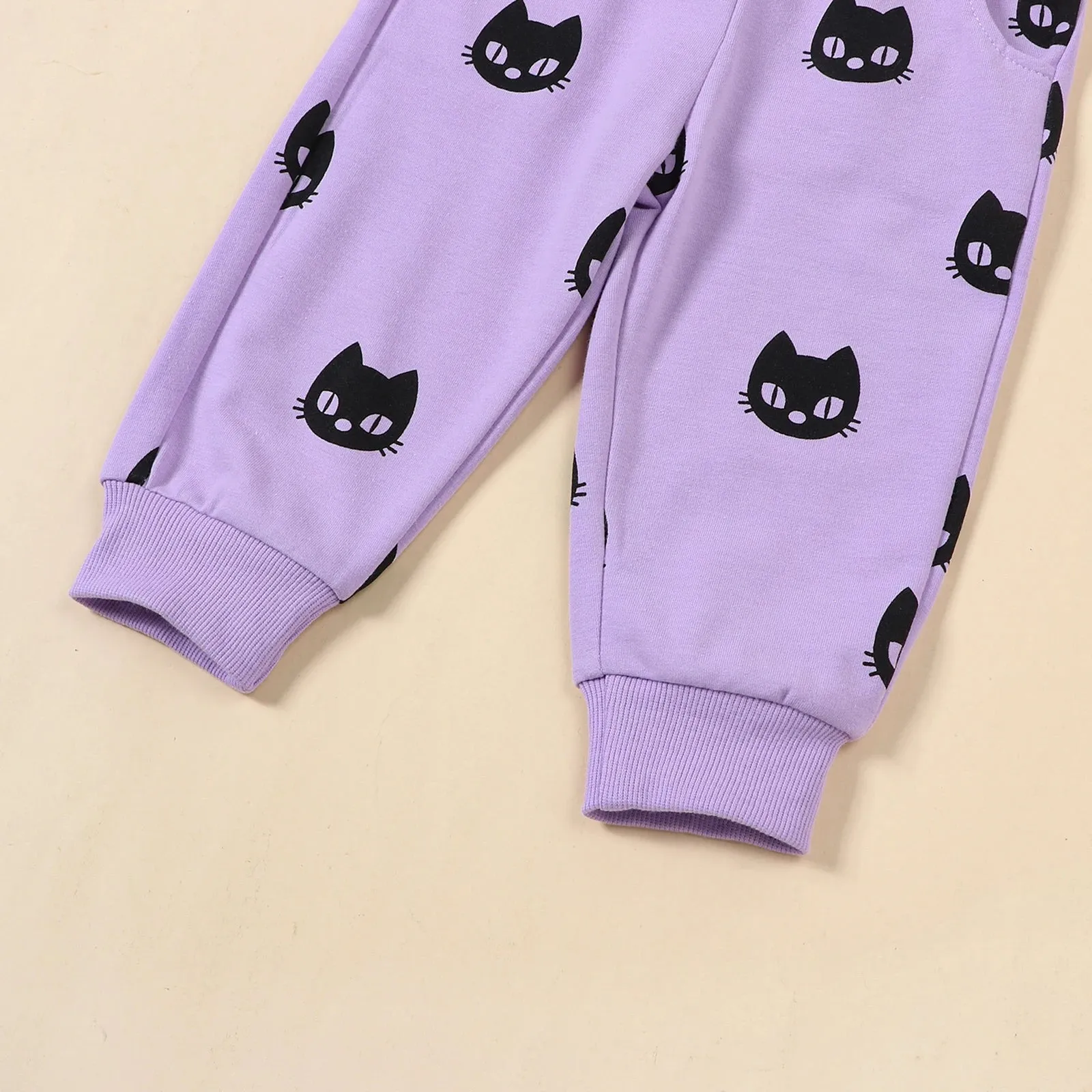 Baby Girls Halloween Purple Black Cat Loungewear Outfit