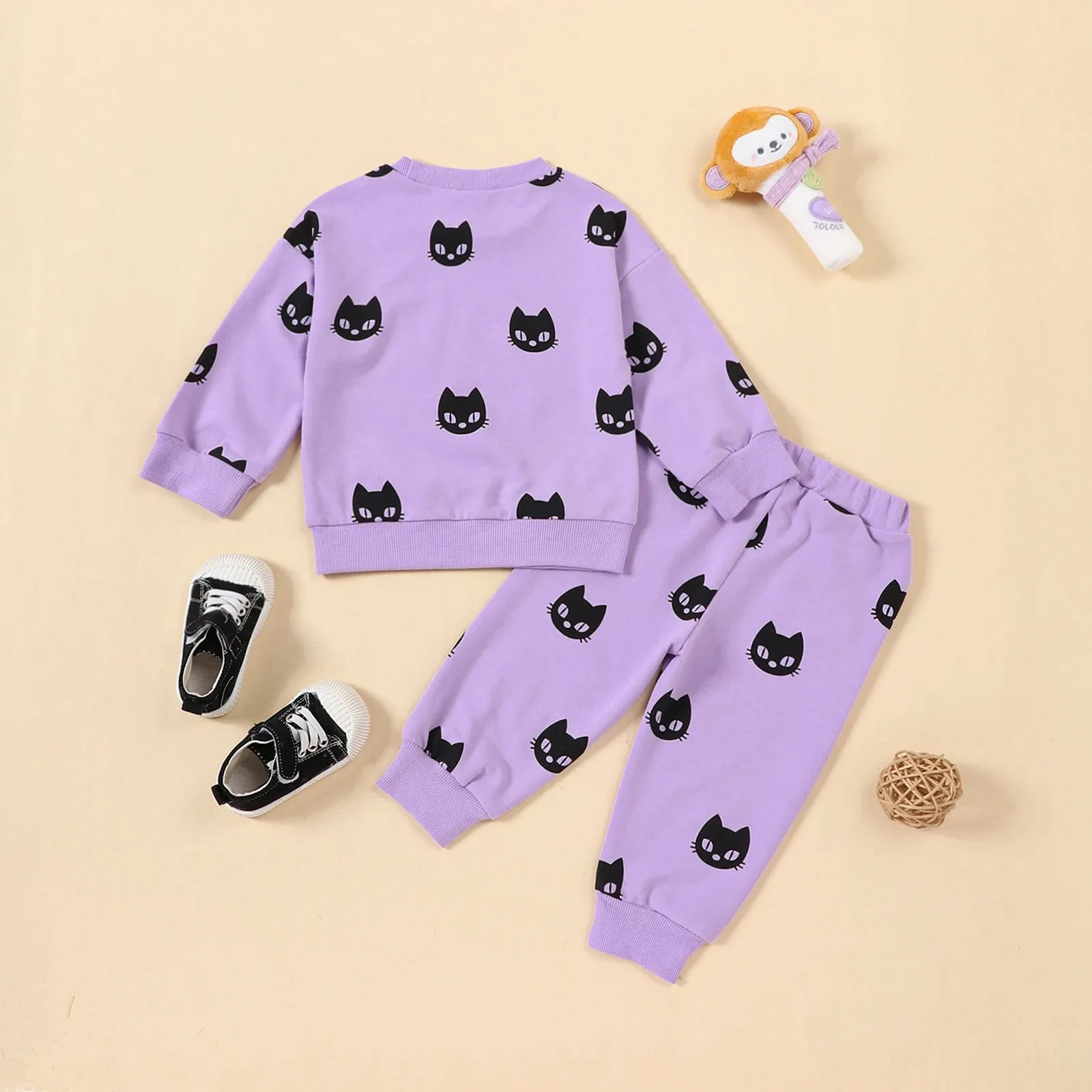 Baby Girls Halloween Purple Black Cat Loungewear Outfit