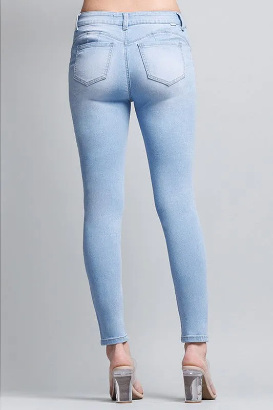 Basic Mid-Rise Ankle Cropped Denim Skinny Jeans - Light Blue