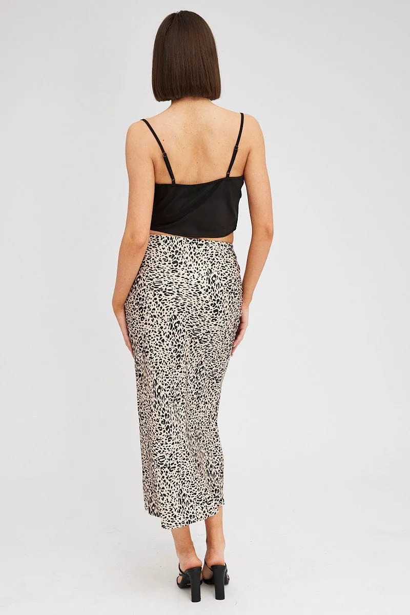 Beige Animal Print Slip Skirt Maxi