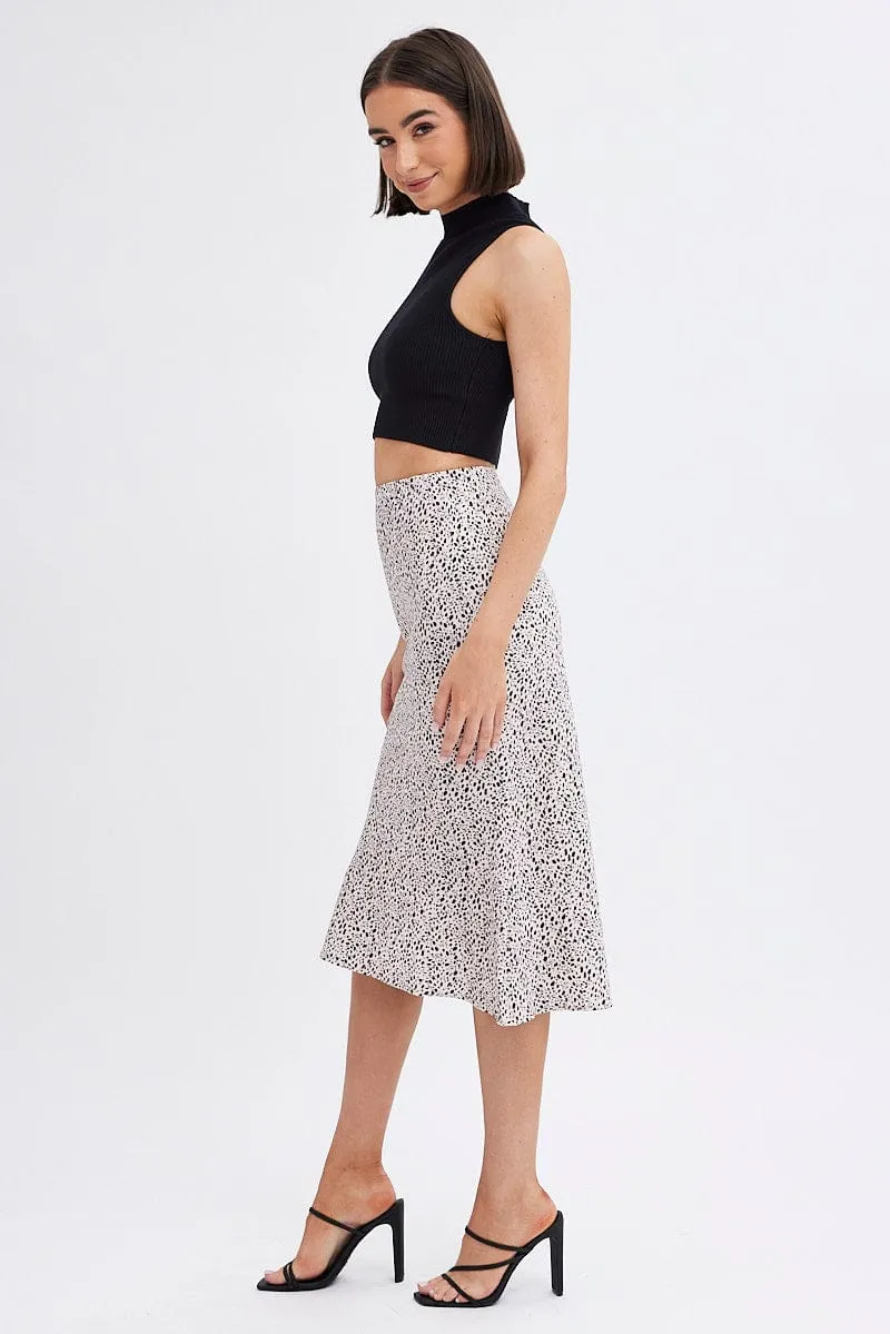 Beige Animal Print Slip Skirt Midi