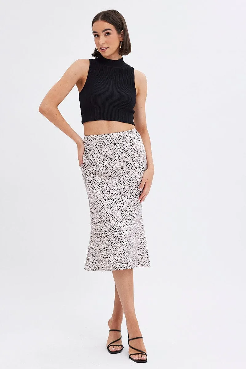 Beige Animal Print Slip Skirt Midi