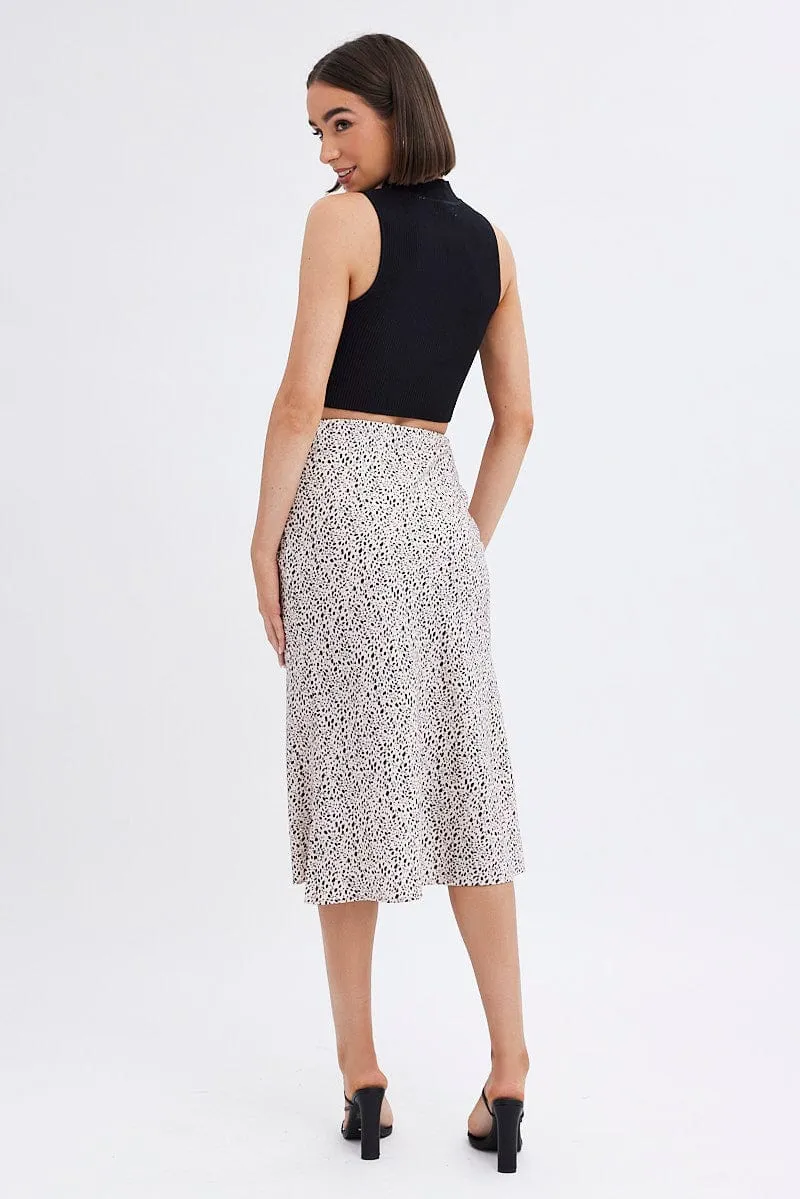 Beige Animal Print Slip Skirt Midi