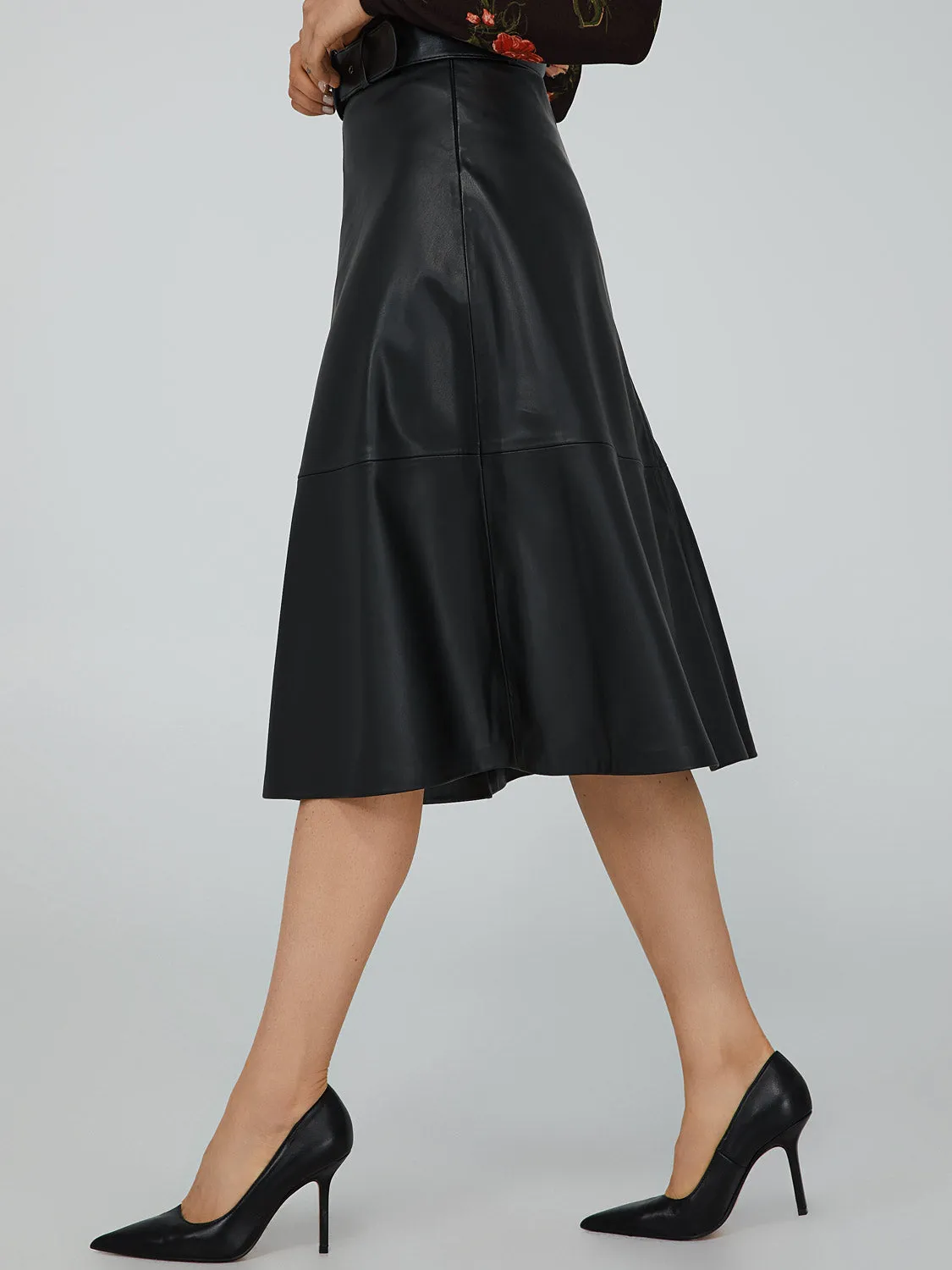 Belted Faux Leather Midi Skirt