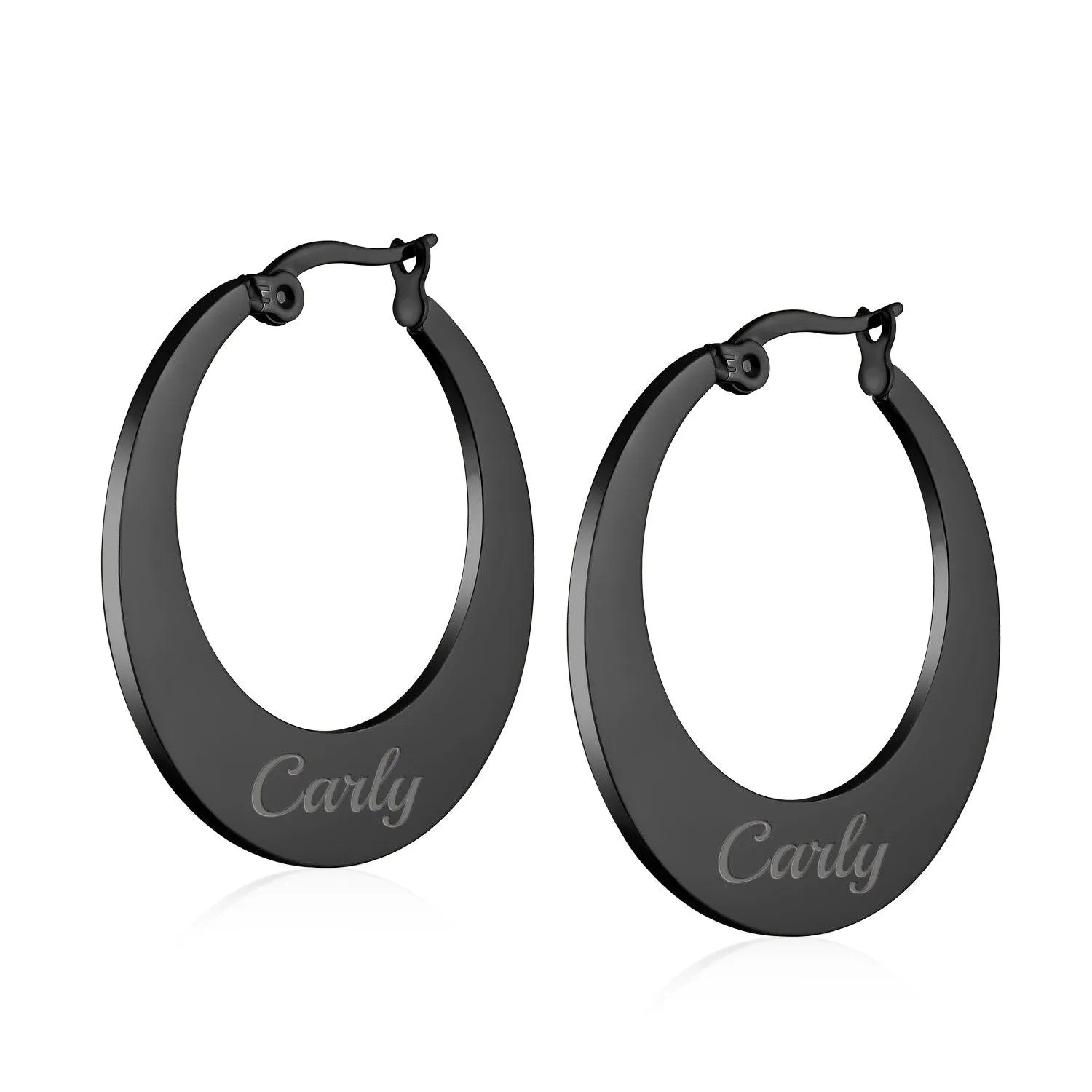 Black Flat Oval Hoop Earrings Black IP Plated Stainless Steel