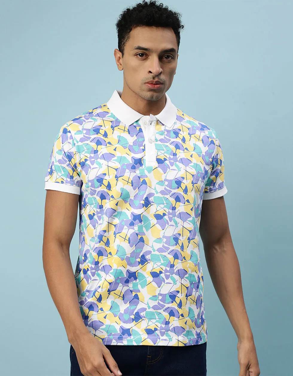 Blue Leaf Printed Polo T-Shirt