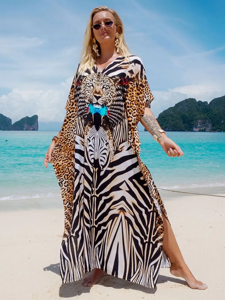 Bohemian Seaside Plus Size Print Kaftan Maxi Dress V Neck Slit Loose Robe Women 2023