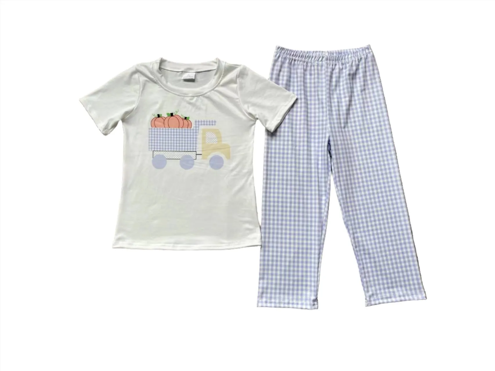 Boys Outfit - Autumn -Pumpkins Blue Check Truck Set