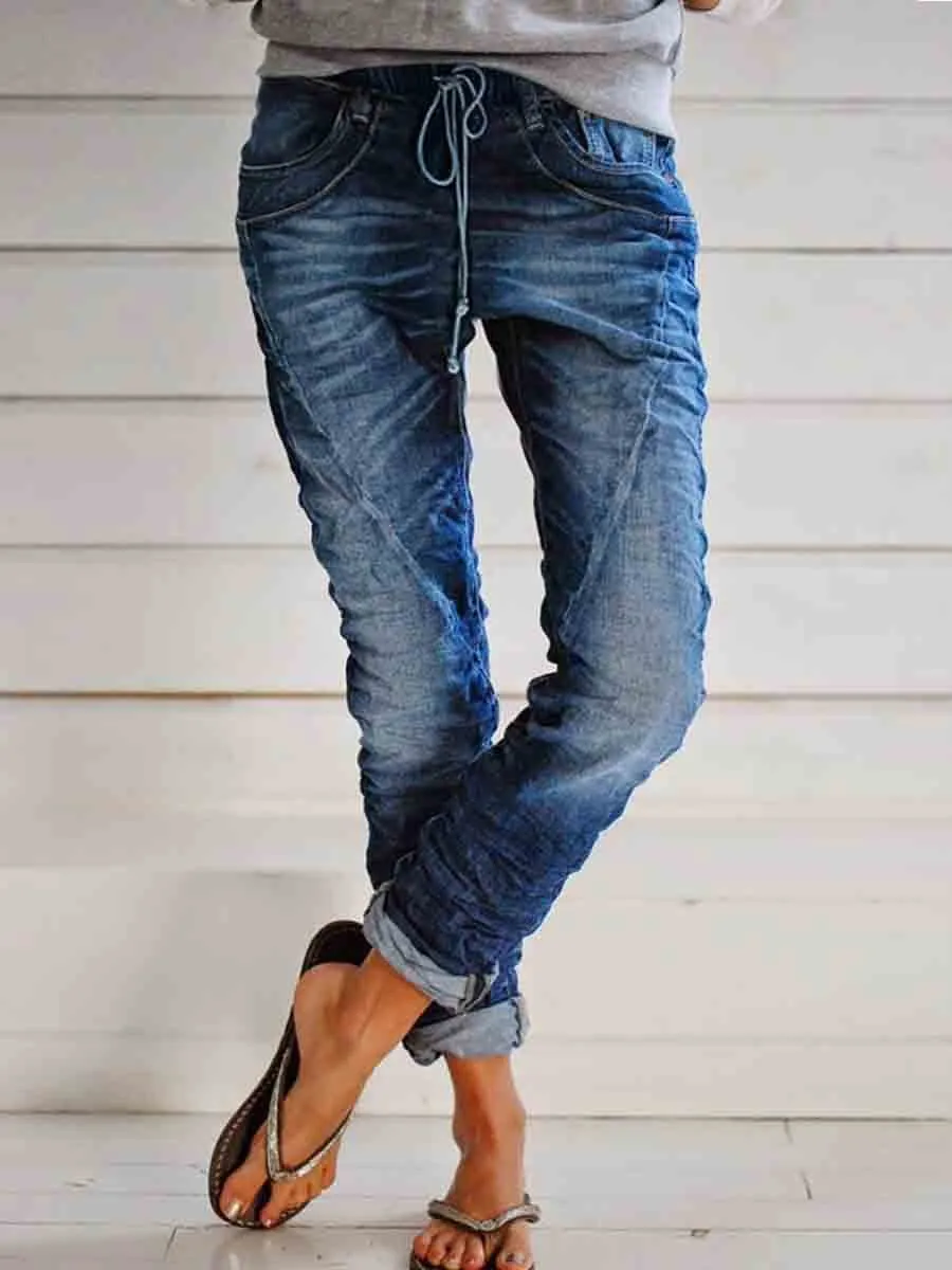 Casual Pockets Self-tie Jeans