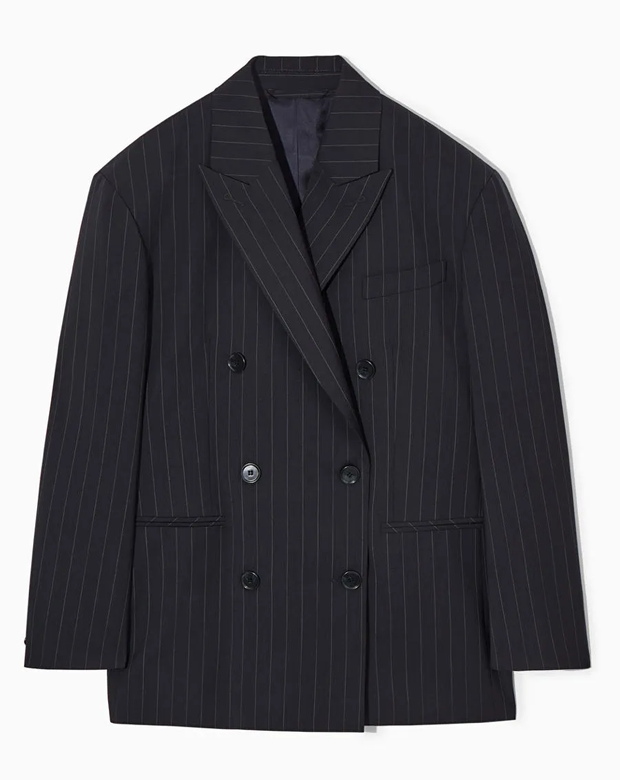 cos navy Blue Oversize Responsible Wool Pin Stripe Blazer UK 6