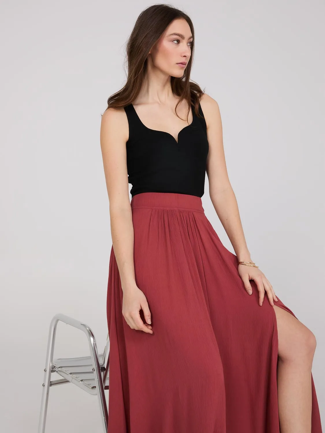 Crinkle Maxi Skirt With Front Slit