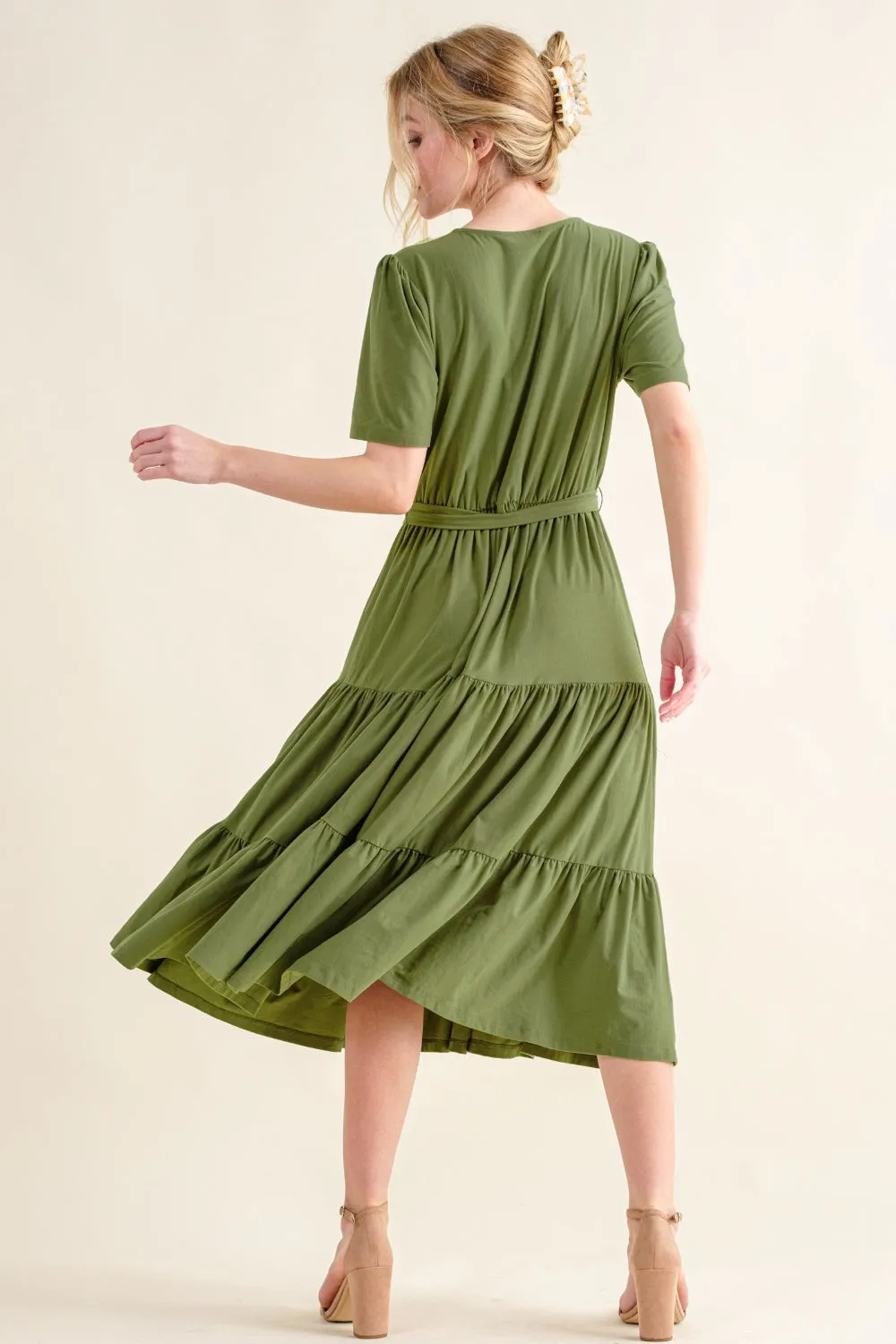 Dark Green Soft Short Sleeve Tiered Midi Dress