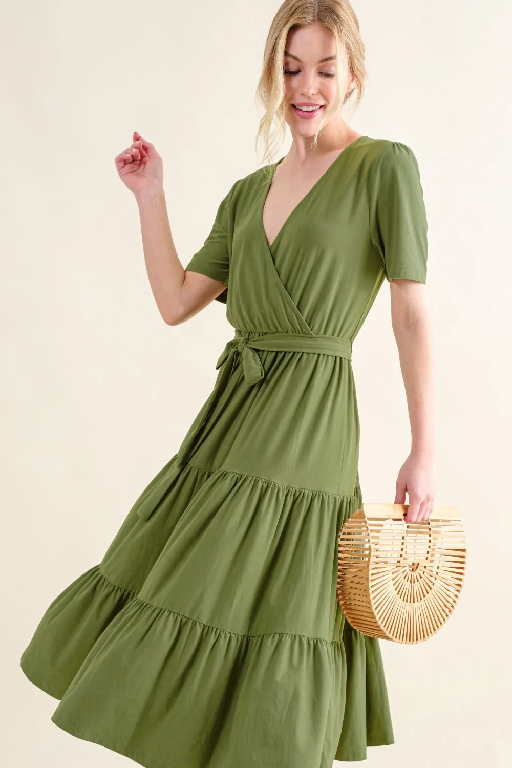 Dark Green Soft Short Sleeve Tiered Midi Dress