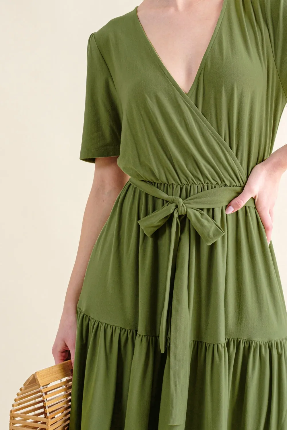 Dark Green Soft Short Sleeve Tiered Midi Dress