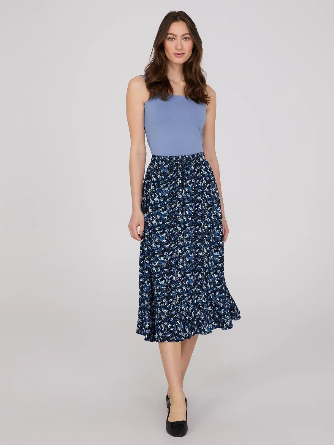 Ditsy Print Flounce Midi Skirt