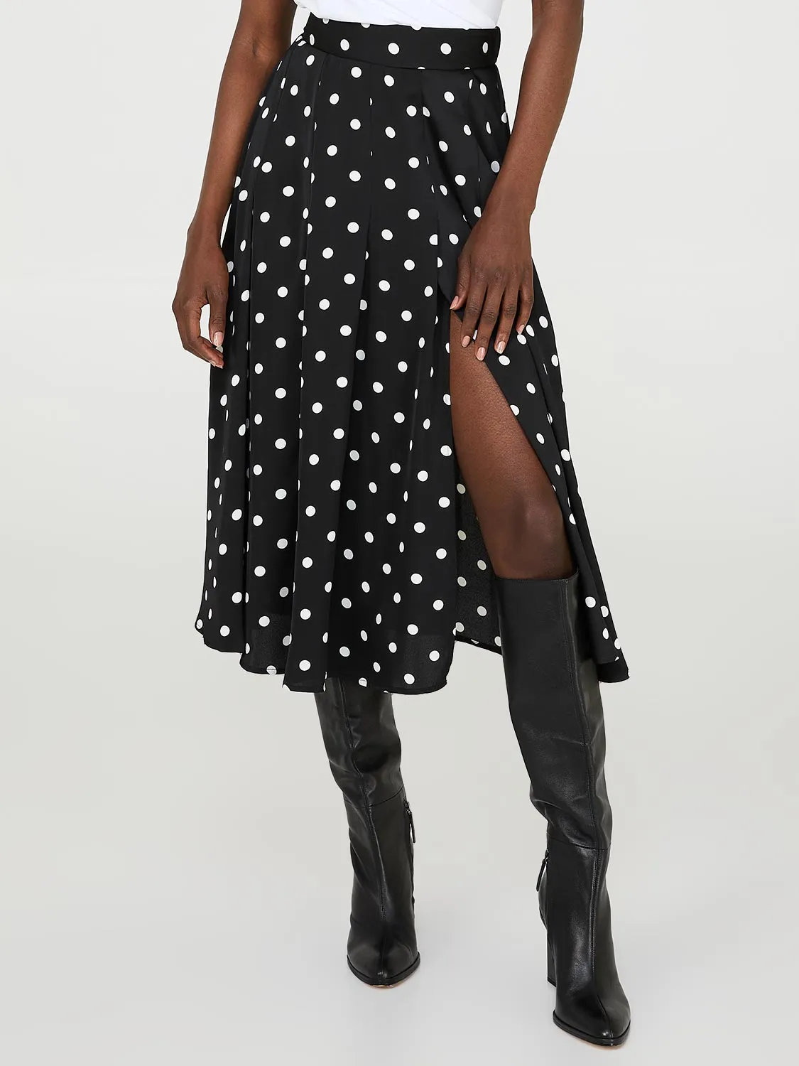 Dot Print Pleated Satin Midi Skirt