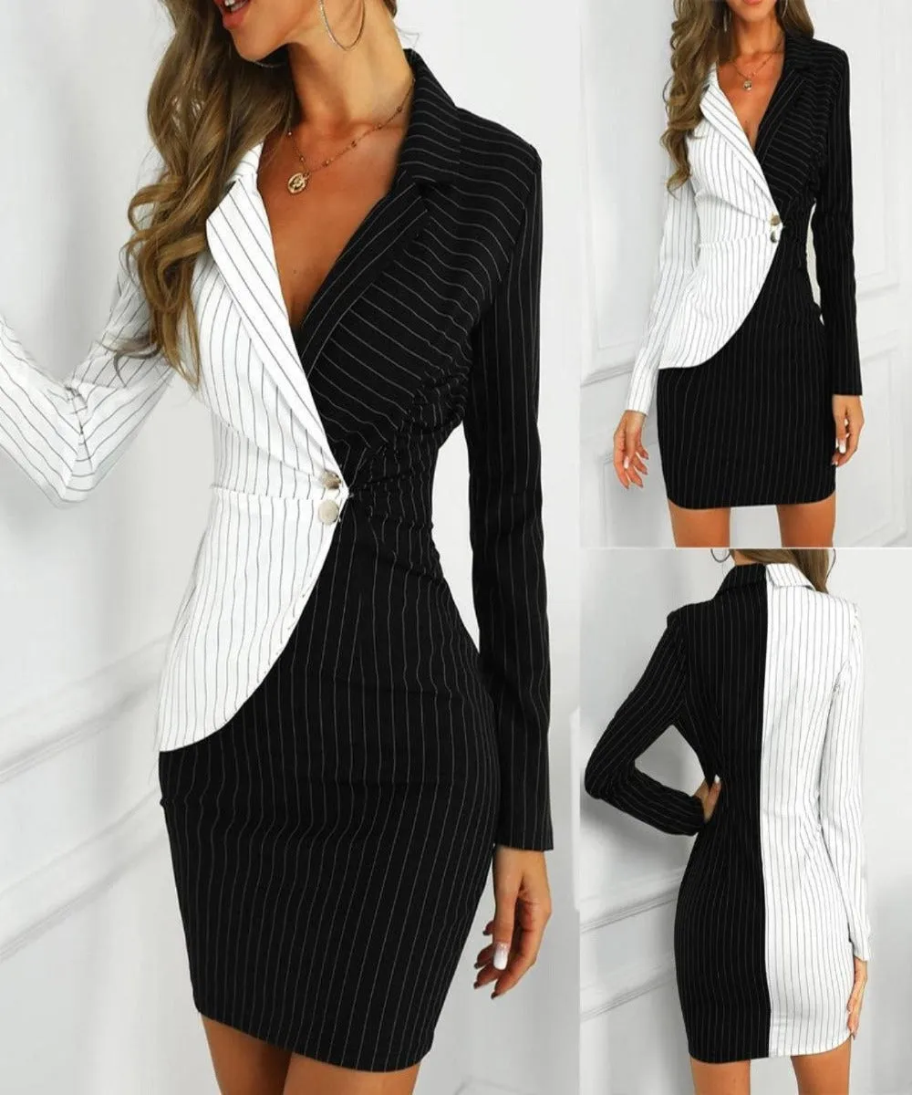 Dress Solid Turn Down Neck Long Sleeve Buttons Bodycon