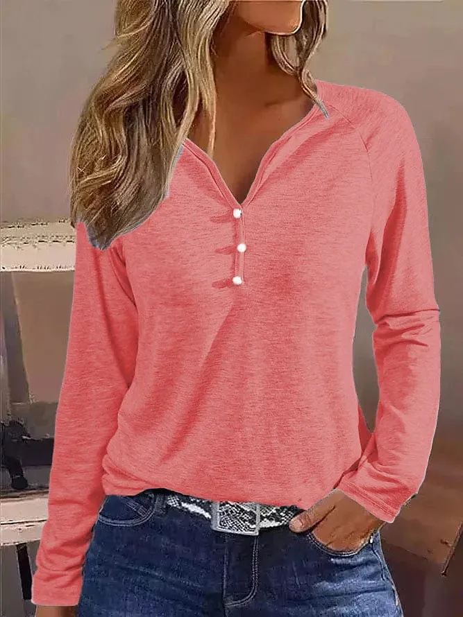 Elegant Women's Long Sleeve Henley T-Shirt for Fall & Winter