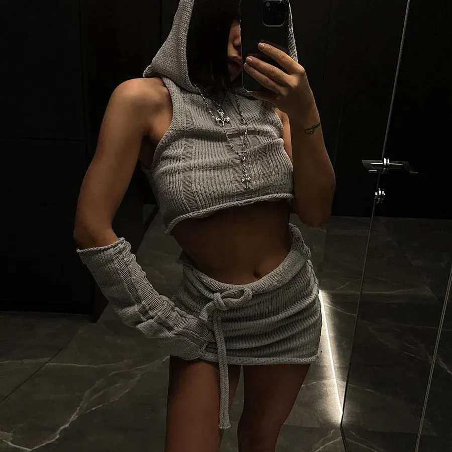 Fall Clothing Women Sexy 3 Pieces Skirts Sets Knitted Long Sleeve Hooded Tops Skirt Women's Sets