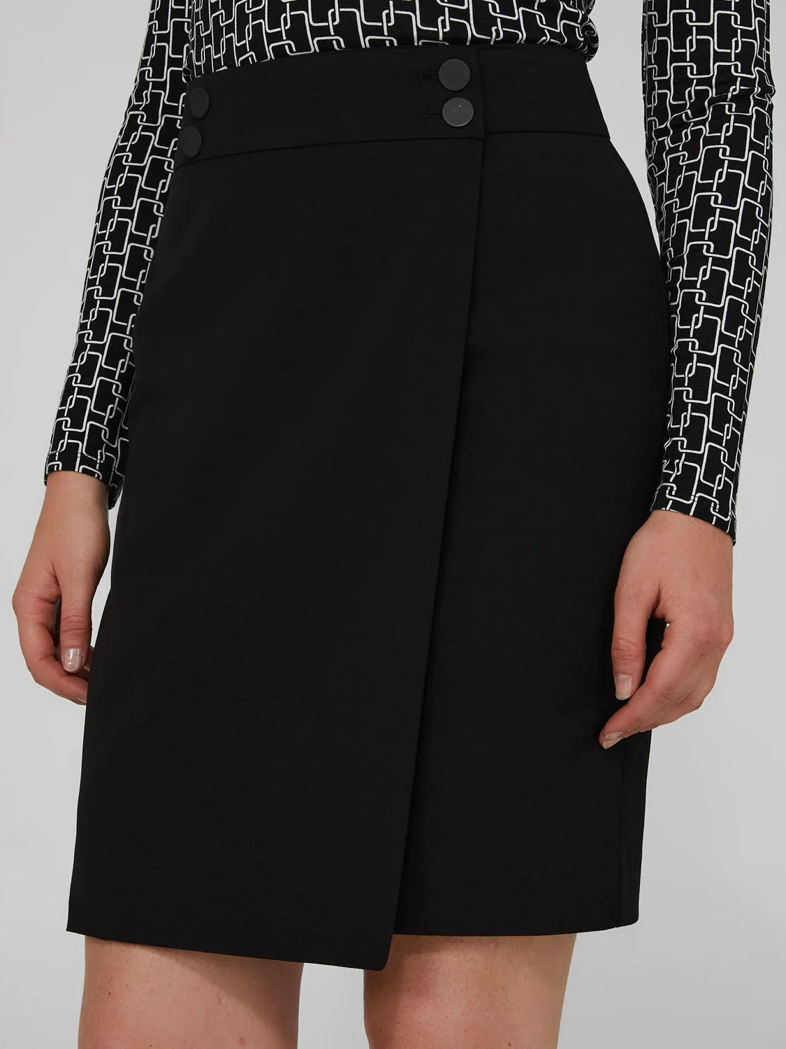 Faux Wrap Skirt With 2-Button Waistband