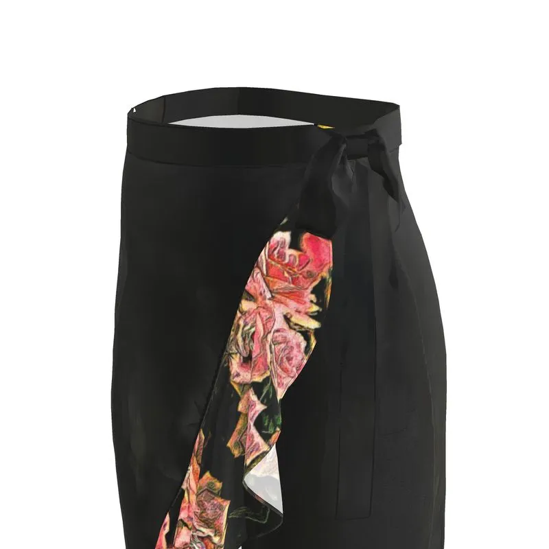 Floral Embosses: Roses 06-01 Designer Flounce Wrap Midi Skirt