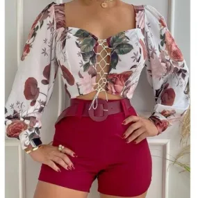 Floral Print V Neck Top & Shorts Set