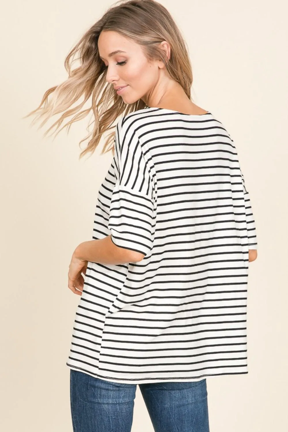 Ivory Striped Round Neck T-Shirt