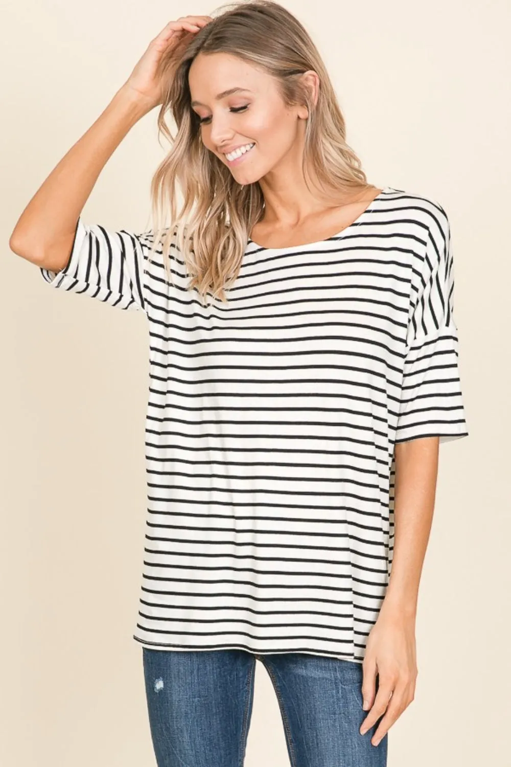 Ivory Striped Round Neck T-Shirt