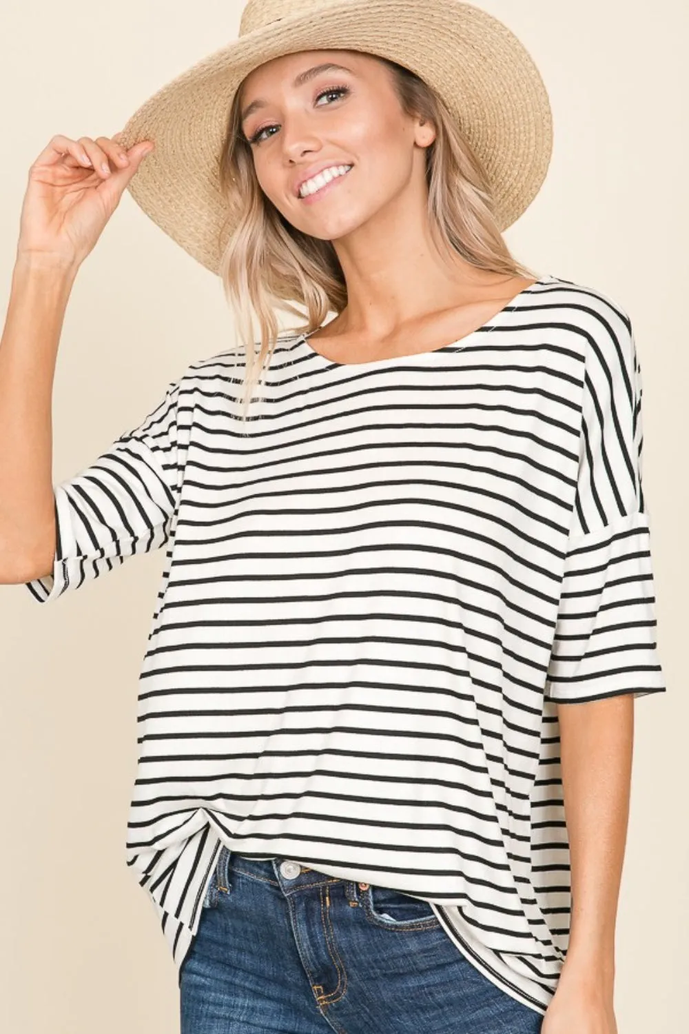 Ivory Striped Round Neck T-Shirt