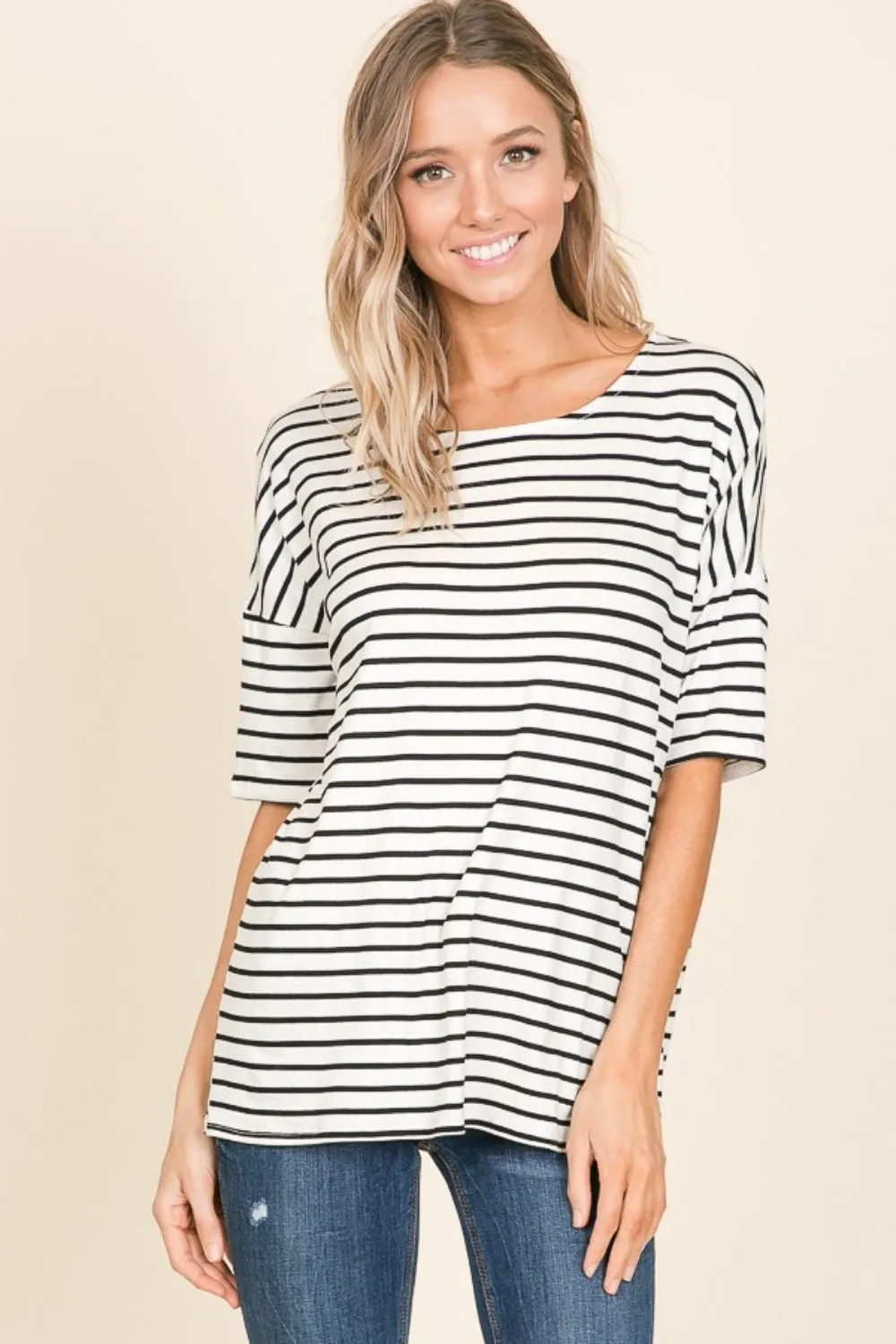 Ivory Striped Round Neck T-Shirt