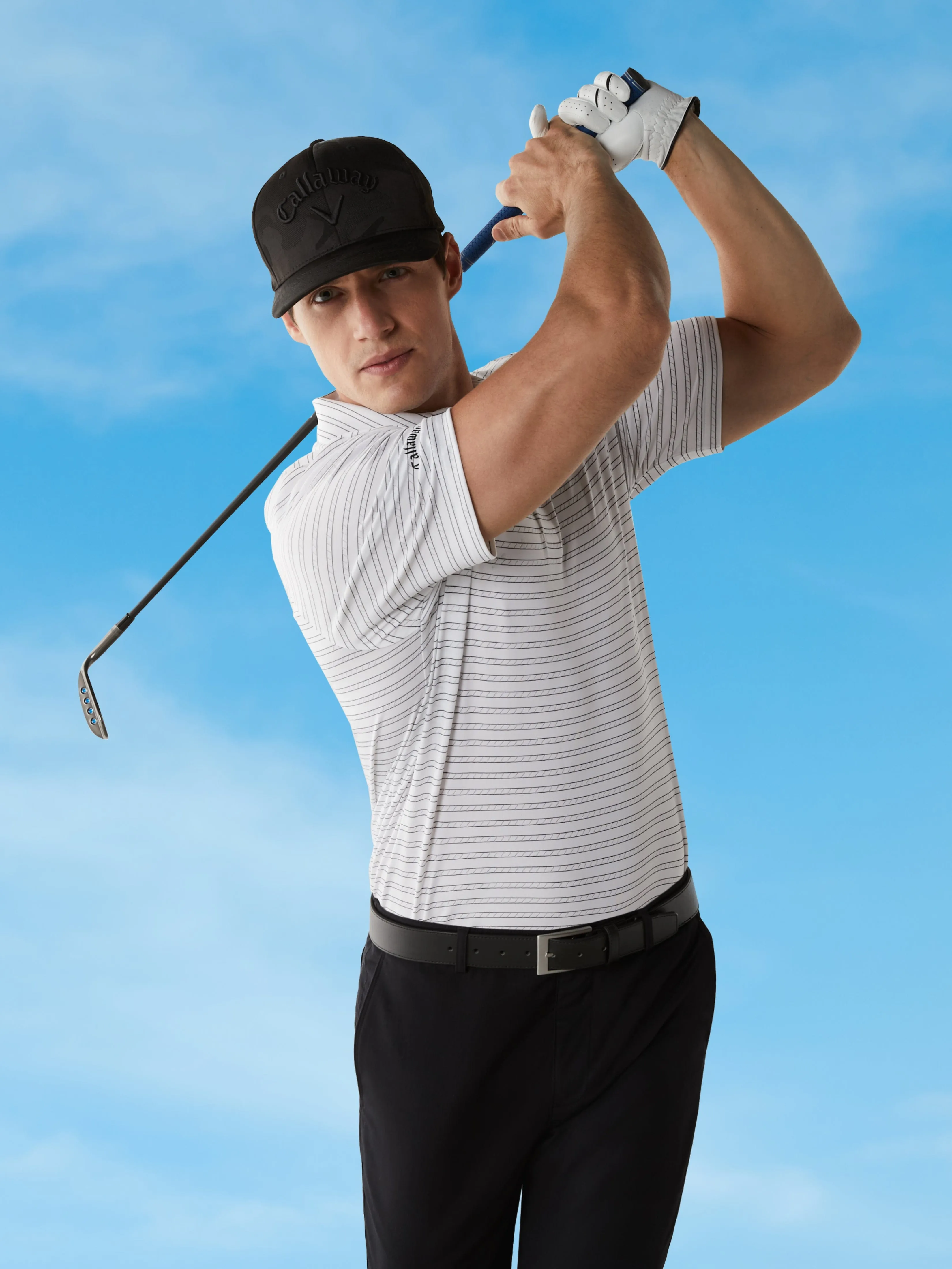 Mens Fine Line Ventilated Stripe Golf Polo Shirt