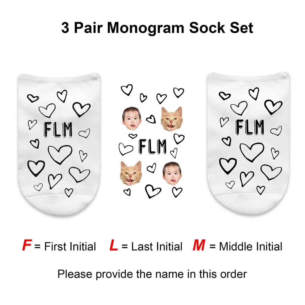 Monogrammed Socks with a Face and Heart Design