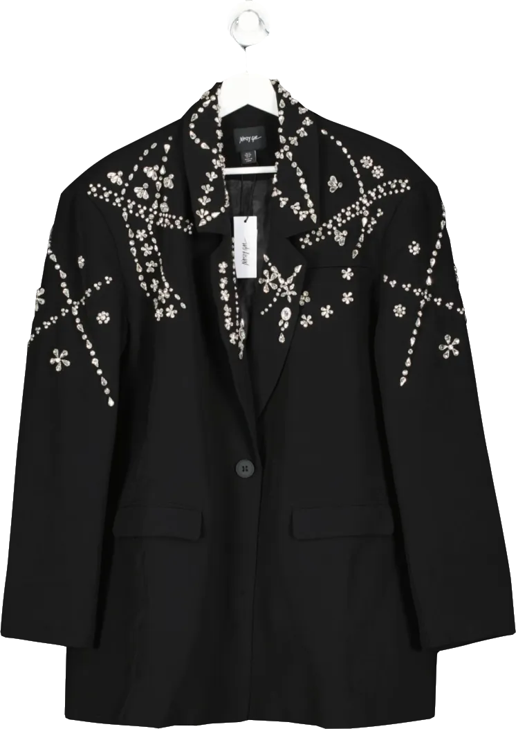 Nasty Gal Black Premium Embellished Single Breasted Blazer UK 12