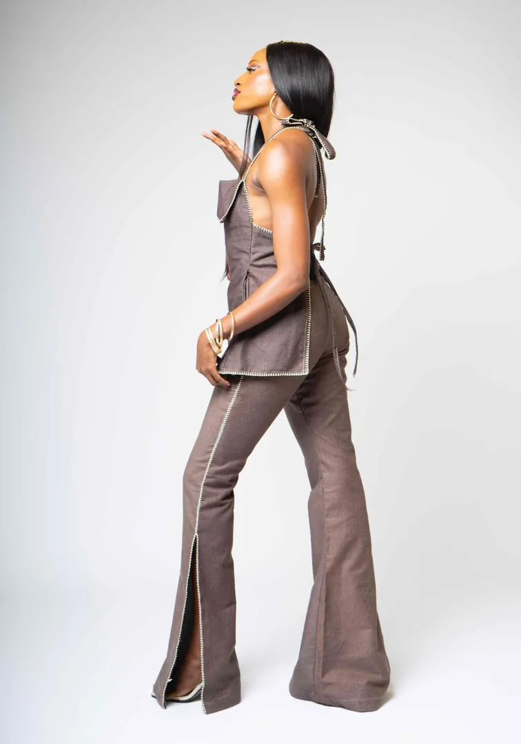 Nyosi Brand An Embroidered Fana Denim Set Featuring A Halter Top And Side Split Trousers