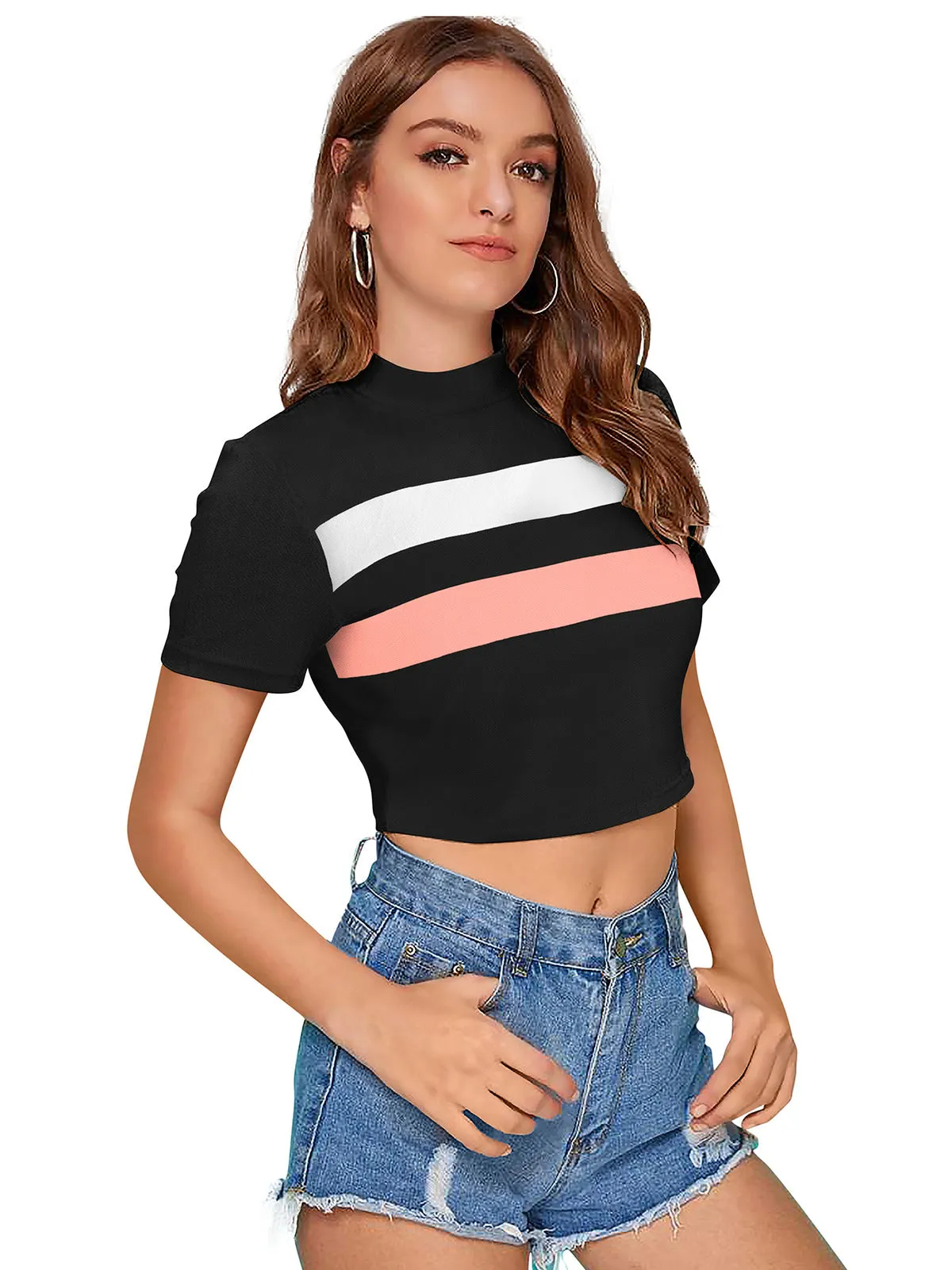 Odette Black Polyester Color Block Top For Women