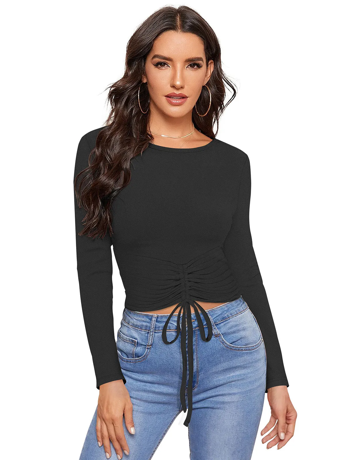 Odette Black Polyester Solid Top For Women