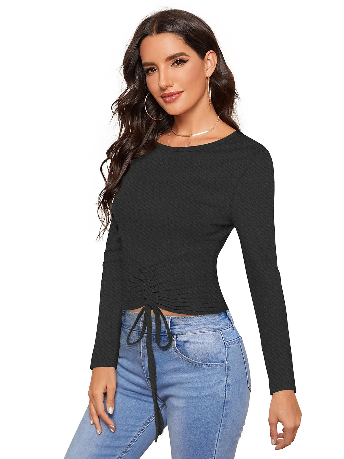 Odette Black Polyester Solid Top For Women