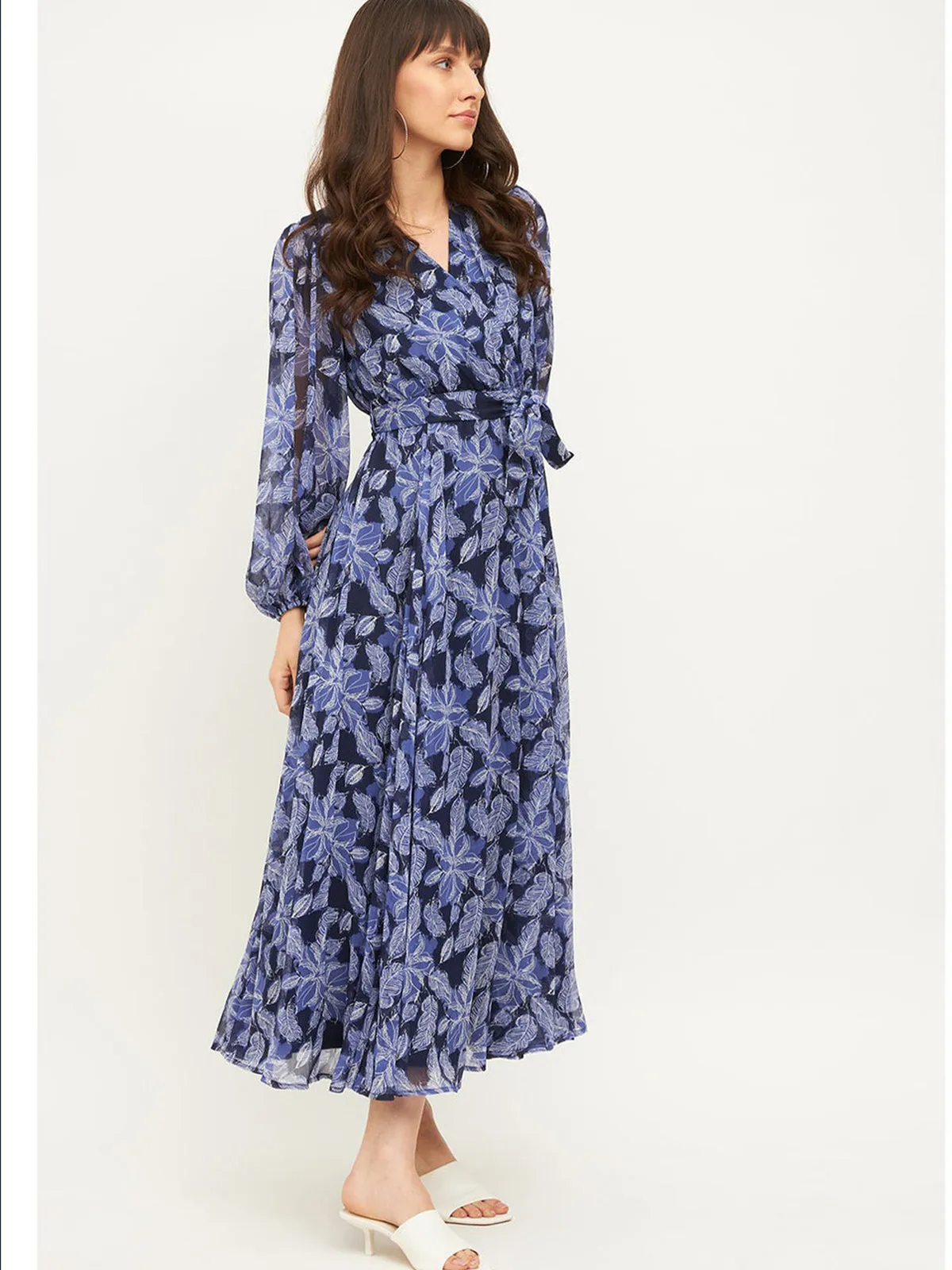 Odette Blue Rayon Stitched Printed Indo Western Dress For Women