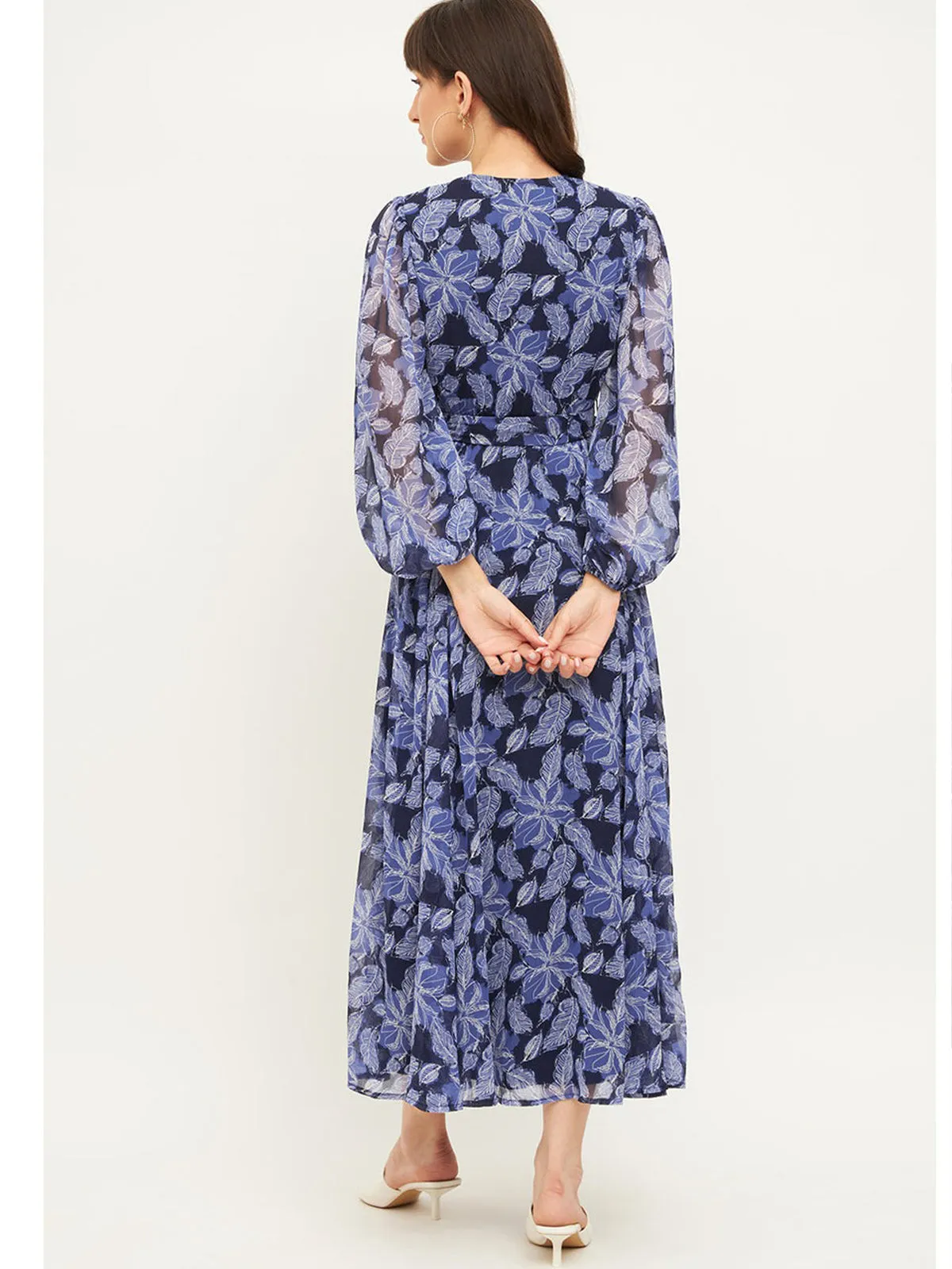 Odette Blue Rayon Stitched Printed Indo Western Dress For Women