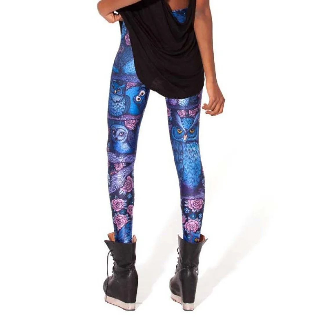 Owl Birds and Floral Animal Digital Print Comfy Stretch Leggings for Women in Blue