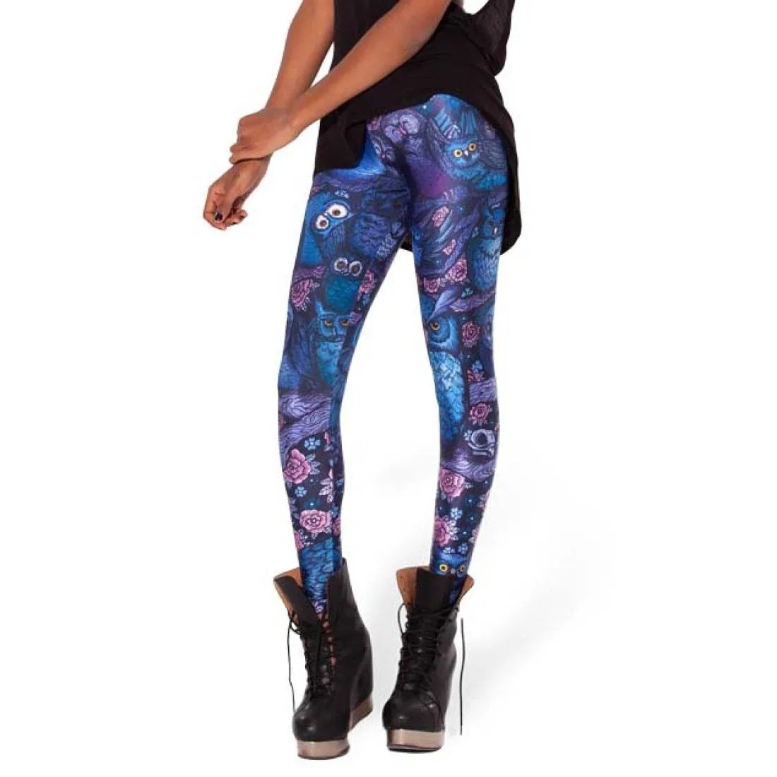 Owl Birds and Floral Animal Digital Print Comfy Stretch Leggings for Women in Blue