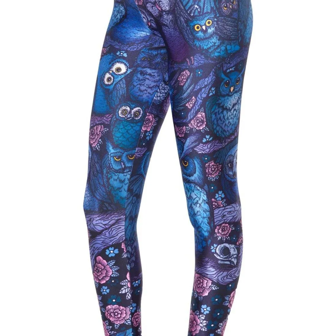 Owl Birds and Floral Animal Digital Print Comfy Stretch Leggings for Women in Blue