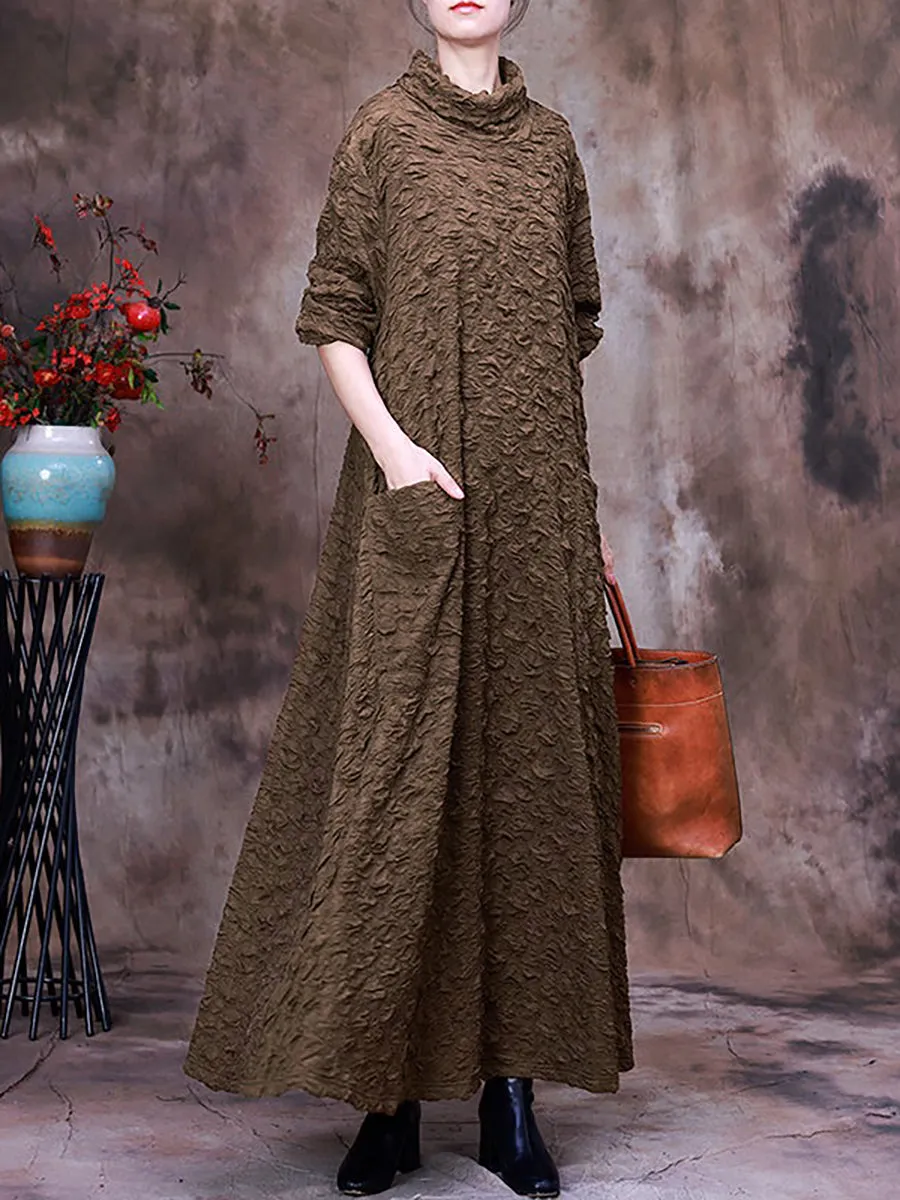 Pocket Pleated Long Sleeve Women Maxi Dress