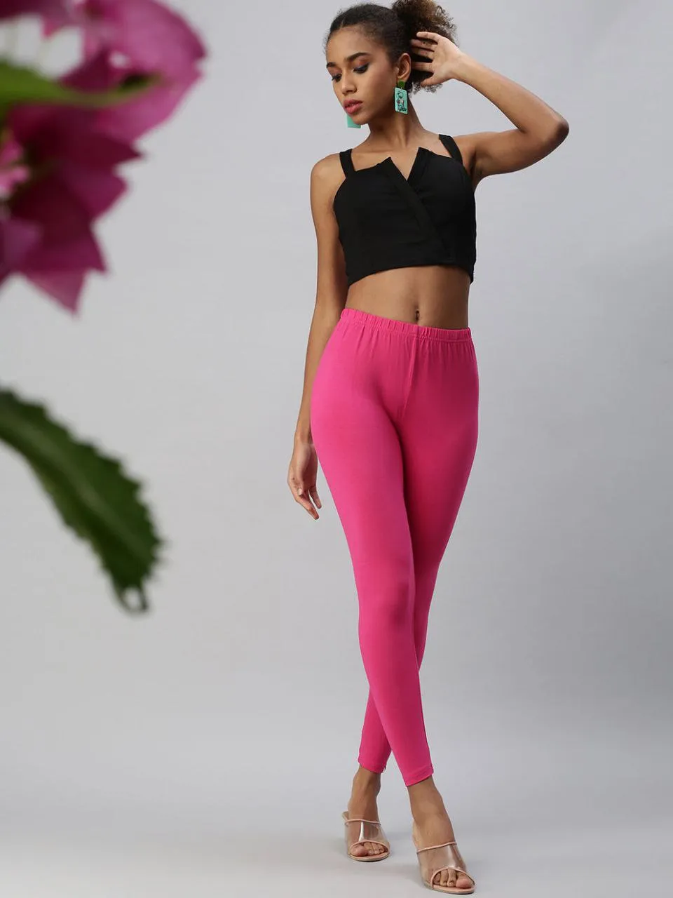 Pretty Rani Pink Color Cotton Ankle Length Leggings For Women