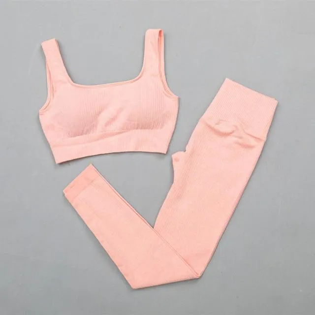 Seamless Gym Yoga Set Women Sports Bra Crop Top Long Sleeve Yoga Suit Leggings Women Gym Clothing Female High Waist Yoga Pants