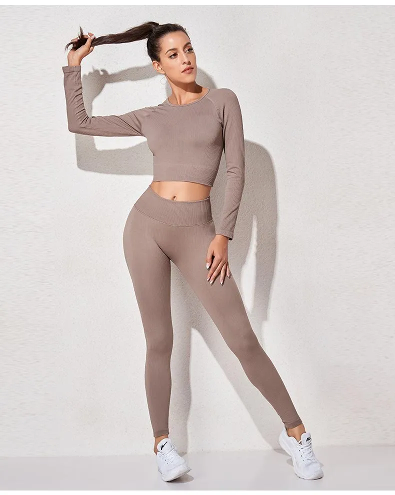 Seamless Gym Yoga Set Women Sports Bra Crop Top Long Sleeve Yoga Suit Leggings Women Gym Clothing Female High Waist Yoga Pants